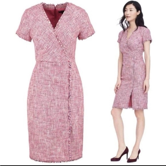 Banana Republic Dresses & Skirts - Banana Republic Pink Tweed Fringed Faux Wrap Sheath Dress 8P